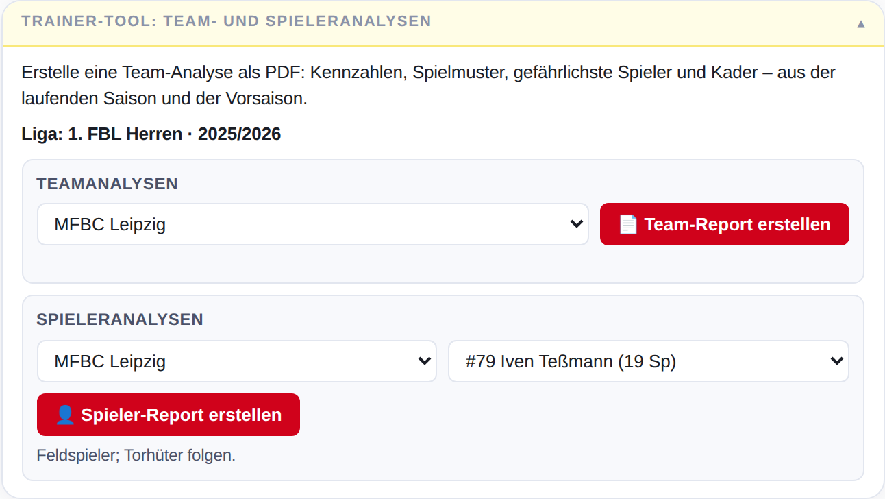 Box Trainer-Tool mit Auswahl von Team und Spieler