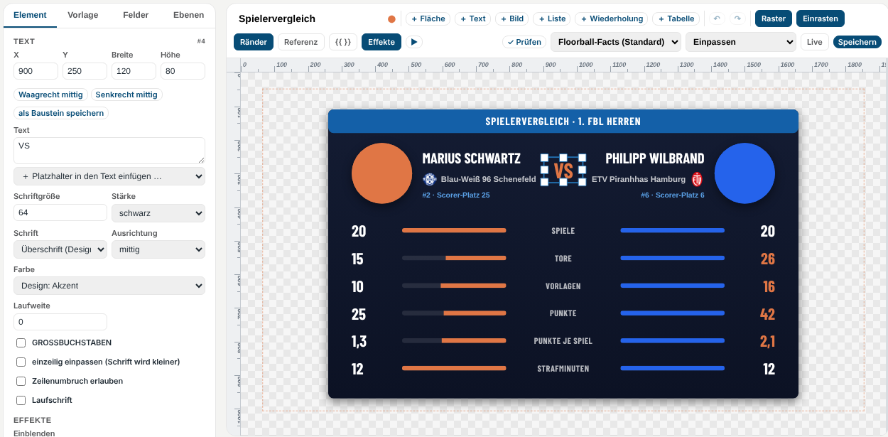 Overlay-Editor mit Vorlage Spielervergleich auf der Bühne und Eigenschaften des gewählten Textes
